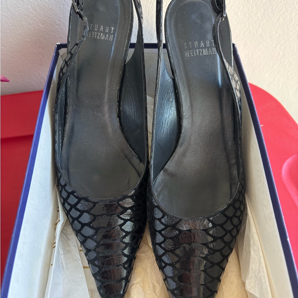 Stuart Weitzman Black Patterned Slingback Pointed… - image 1
